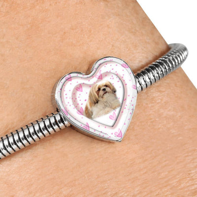 Shih Tzu Dog Print Heart Charm Steel Bracelet-Free Shipping - Deruj.com