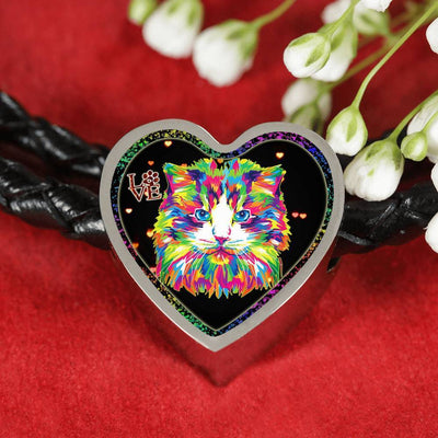 Colorful Cat Print Heart Charm Leather Woven Bracelet-Free Shipping - Deruj.com