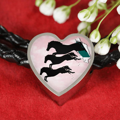 Horse Running Art Print Heart Charm Leather Woven Bracelet-Free Shipping - Deruj.com