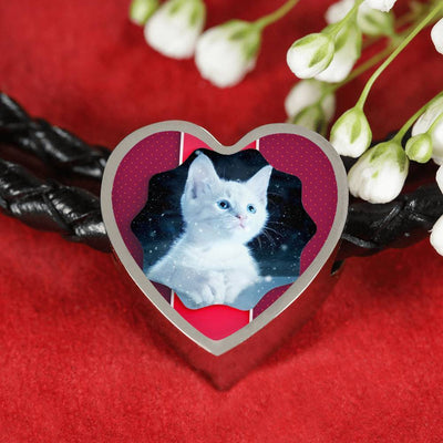 Cute White Kitten Cat Print Heart Charm Leather Woven Bracelet-Free Shipping - Deruj.com