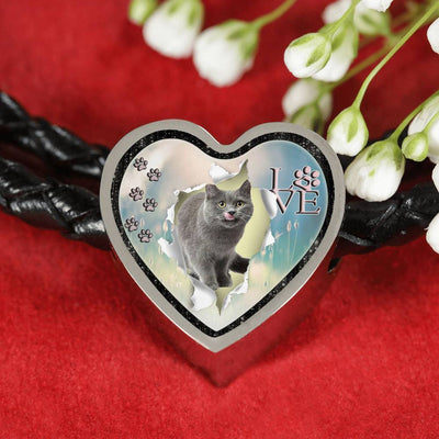 Korat Cat Print Heart Charm Leather Woven Bracelet-Free Shipping - Deruj.com