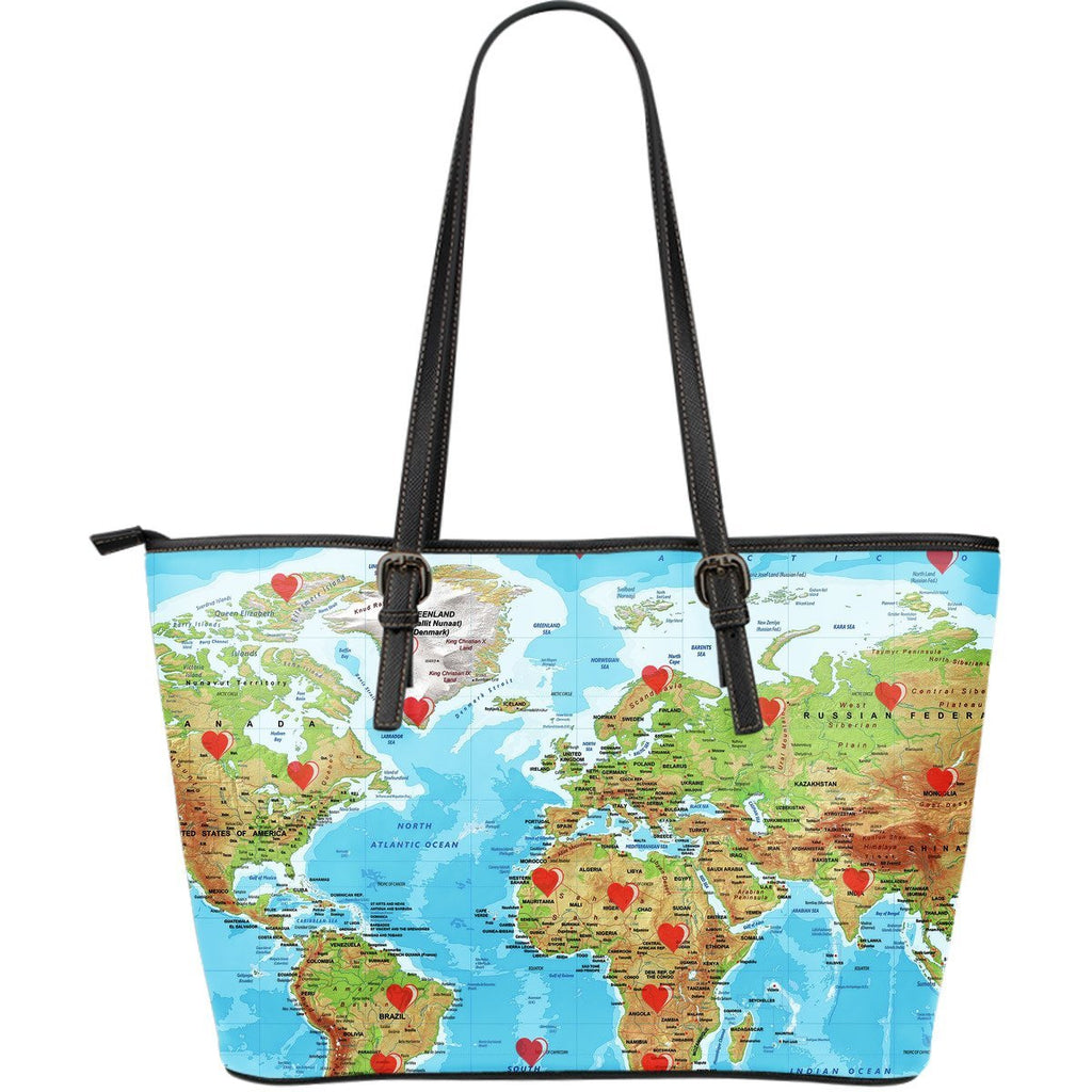 Valentine's Day Special World Map Print Large Leather Tote Bag- Free Shipping - Deruj.com