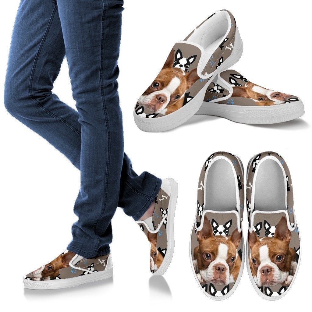 Red Boston Terrier Print Slip Ons For Women- Exrpess Shipping - Deruj.com