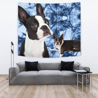 Boston Terrier On Blue Print Tapestry-Free Shipping - Deruj.com