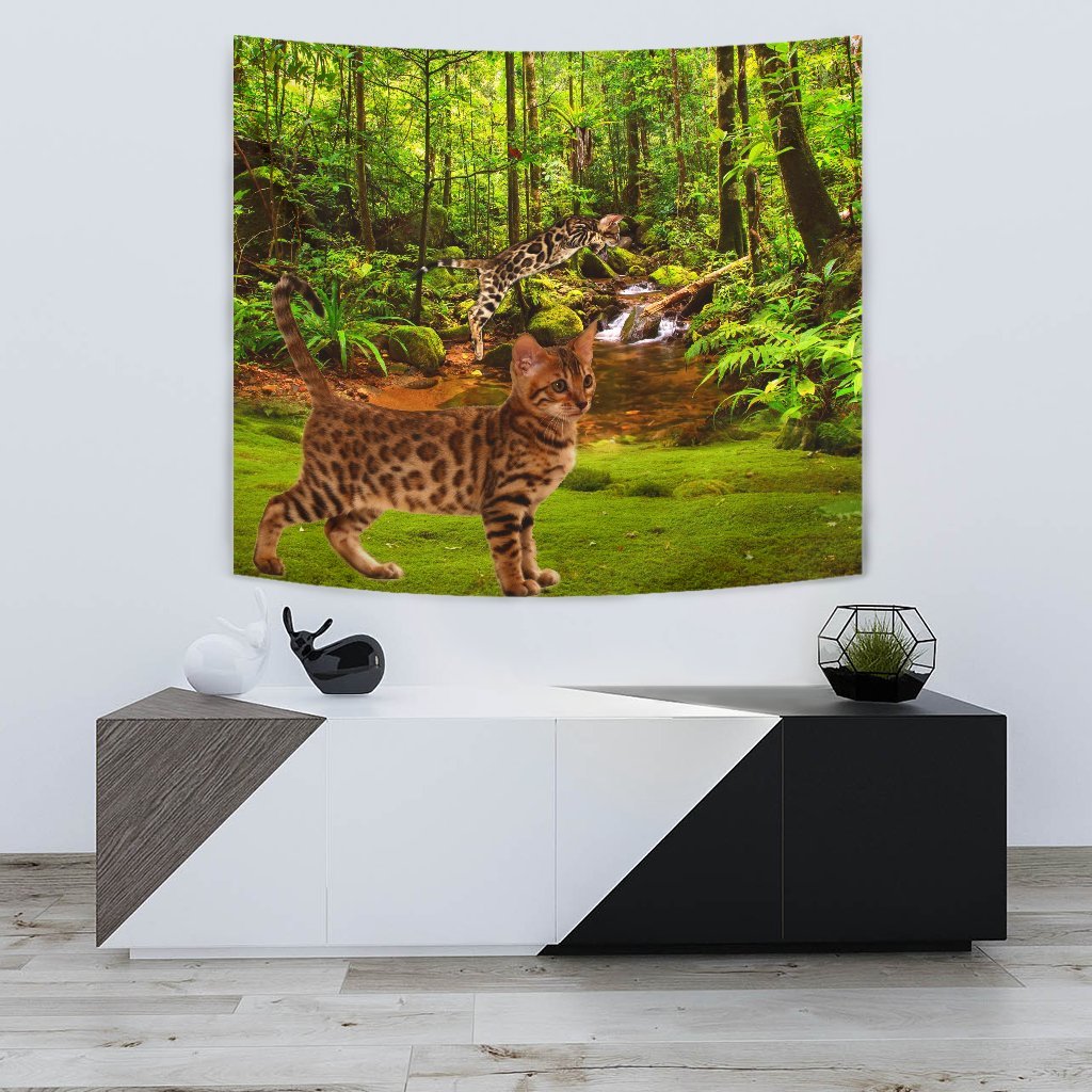 Bengal Cat In Jungle Print Tapestry-Free Shipping - Deruj.com