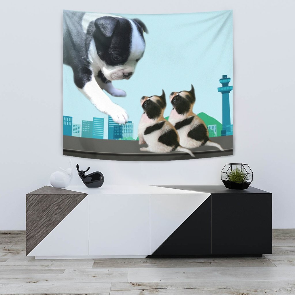 Boston Terrier With Puppies Print Tapestry-Free Shipping - Deruj.com