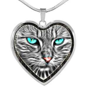 Blue Eyes Cat Print Heart Charm Necklaces-Free Shipping - Deruj.com