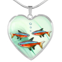 Neon Tetra Fish Print Heart Charm Necklace-Free Shipping - Deruj.com