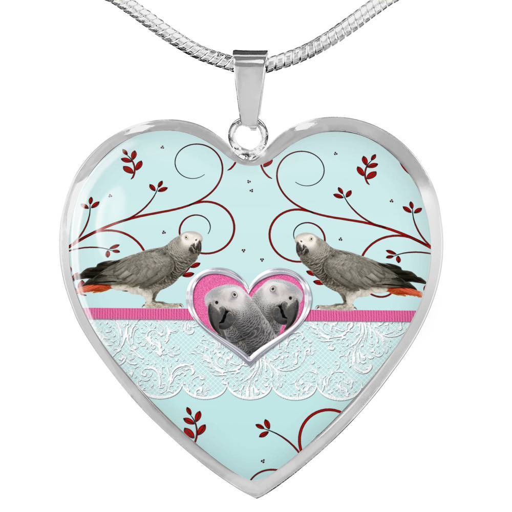Cute African Grey Parrot Print Heart Pendant Luxury Necklace-Free Shipping - Deruj.com