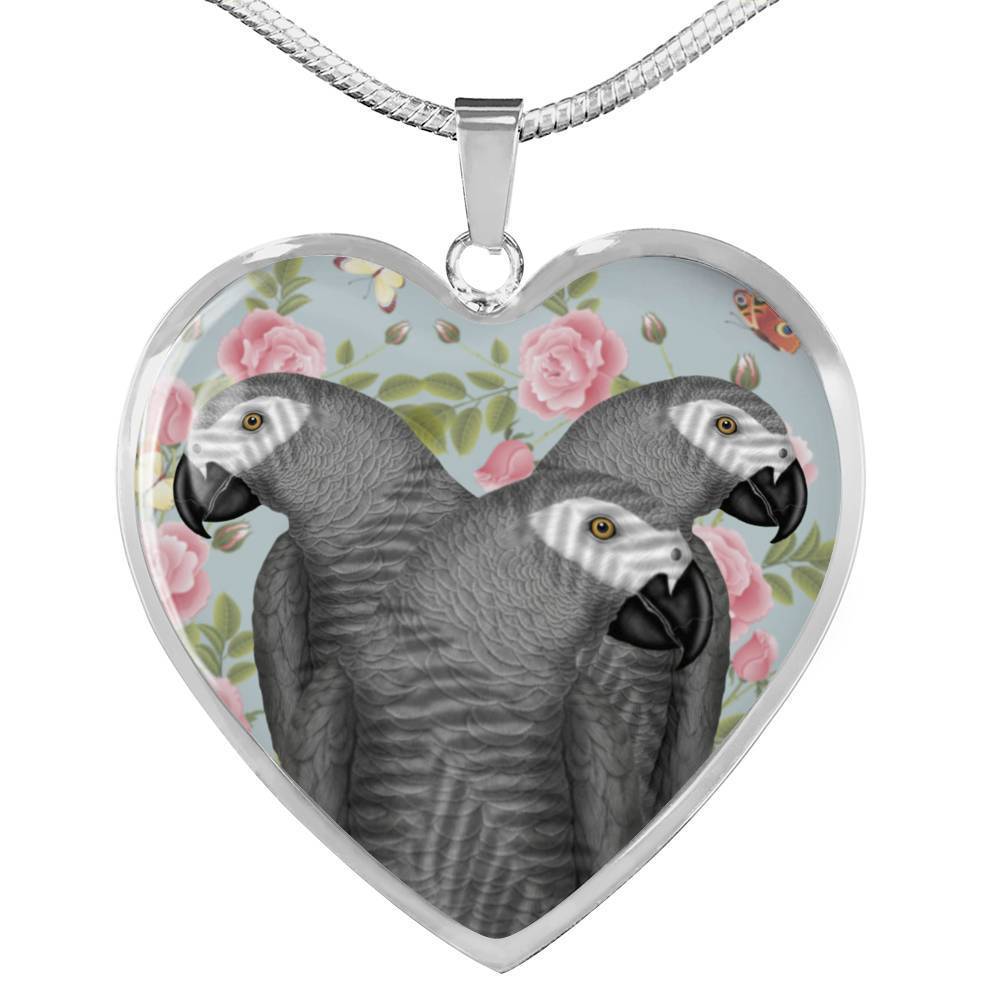 African Grey Parrot Print Heart Pendant Luxury Necklace-Free Shipping - Deruj.com