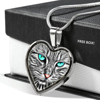 Blue Eyes Cat Print Heart Charm Necklaces-Free Shipping - Deruj.com