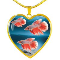 Siamese Fighting Fish Print Heart Charm Necklace-Free Shipping - Deruj.com