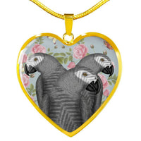 African Grey Parrot Print Heart Pendant Luxury Necklace-Free Shipping - Deruj.com