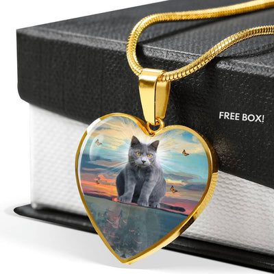 Cute Chartreux Cat Print Heart Pendant Luxury Necklace-Free Shipping - Deruj.com
