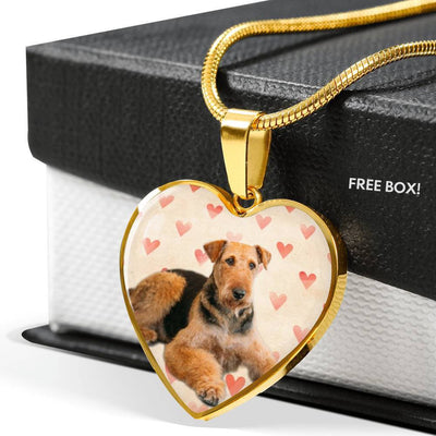 Airedale Terrier Print Luxury Heart Charm Necklace -Free Shipping - Deruj.com