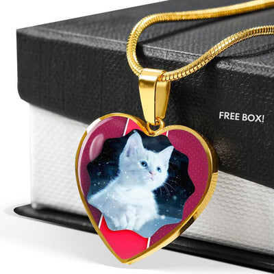 Cute White Kitten Cat Print Heart Charm Necklaces-Free Shipping - Deruj.com