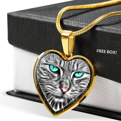Blue Eyes Cat Print Heart Charm Necklaces-Free Shipping - Deruj.com