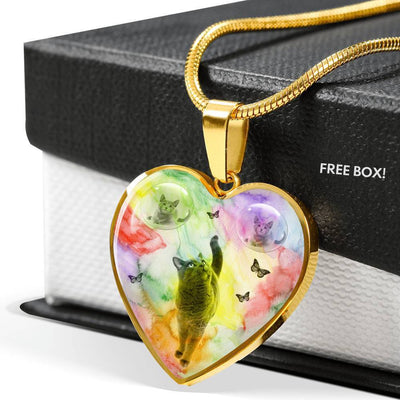 Cute Russian Blue Cat Print Heart Pendant Luxury Necklace-Free Shipping - Deruj.com