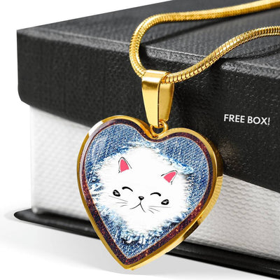 Cute Cat In Denim Print Heart Charm Necklaces-Free Shipping - Deruj.com