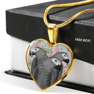 African Grey Parrot Print Heart Pendant Luxury Necklace-Free Shipping - Deruj.com