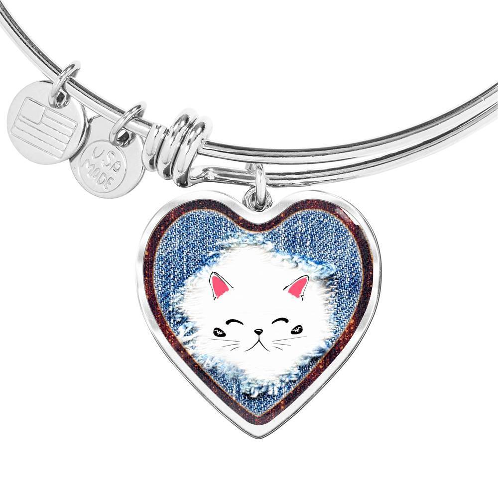 Cute Cat In Denim Print Heart Pendant Bangle-Free Shipping - Deruj.com