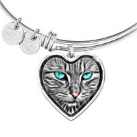 Blue Eyes Cat Print Heart Pendant Bangle-Free Shipping - Deruj.com