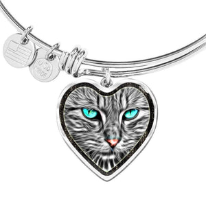 Blue Eyes Cat Print Heart Pendant Bangle-Free Shipping - Deruj.com