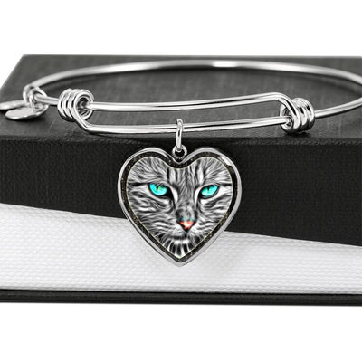 Blue Eyes Cat Print Heart Pendant Bangle-Free Shipping - Deruj.com