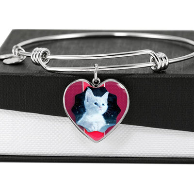 Cute White Kitten Cat Print Heart Pendant Bangle-Free Shipping - Deruj.com