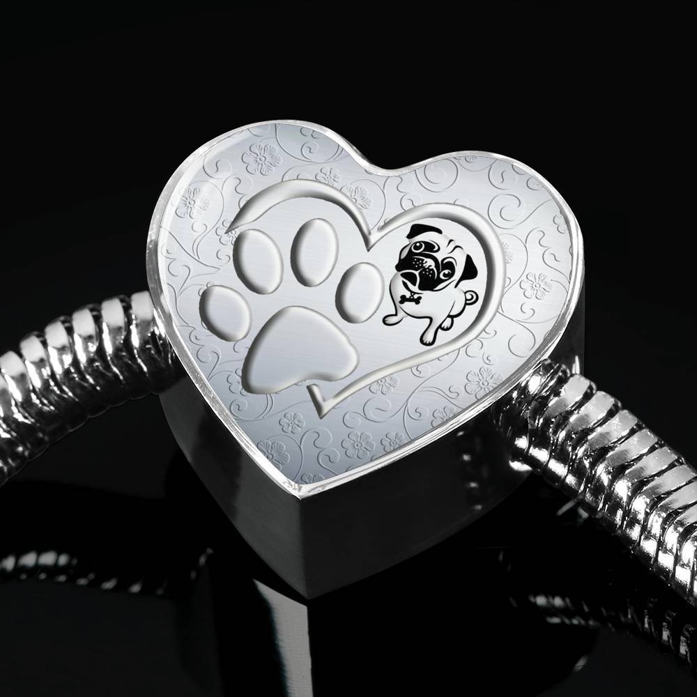 Pug Paws Print Heart Charm Steel Bracelet-Free Shipping - Deruj.com