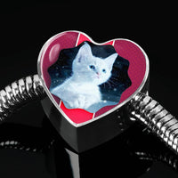 Cute White Kitten Cat Print Heart Charm Steel Bracelet-Free Shipping - Deruj.com