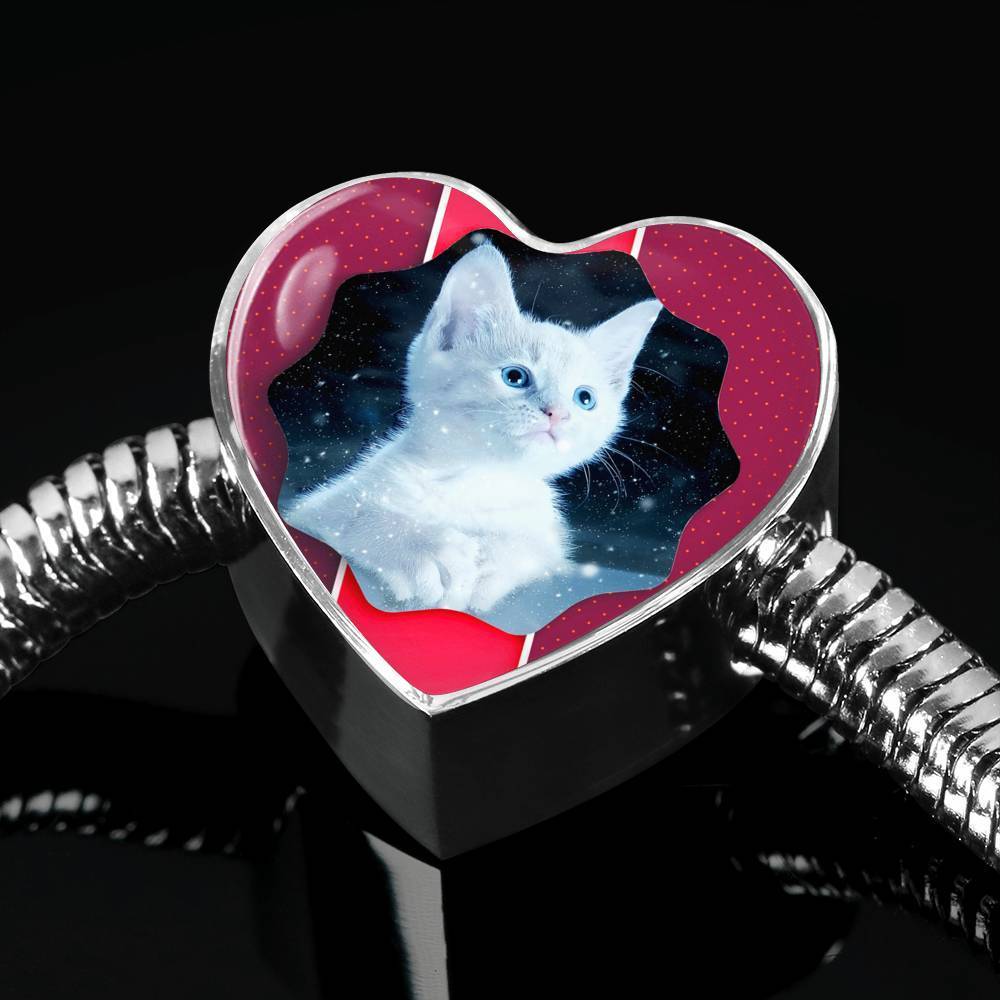 Cute White Kitten Cat Print Heart Charm Steel Bracelet-Free Shipping - Deruj.com
