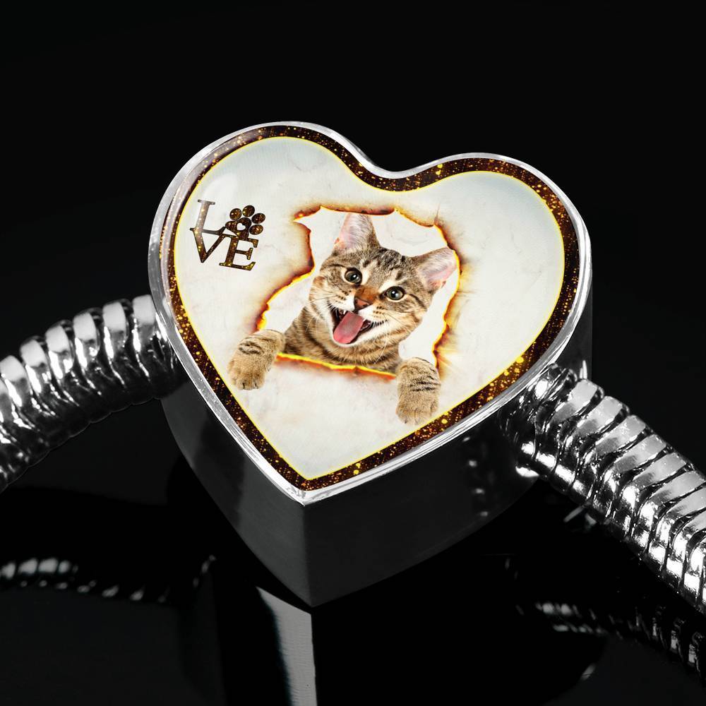 Lovely Bengal Cat Print Heart Charm Steel Bracelet-Free Shipping - Deruj.com