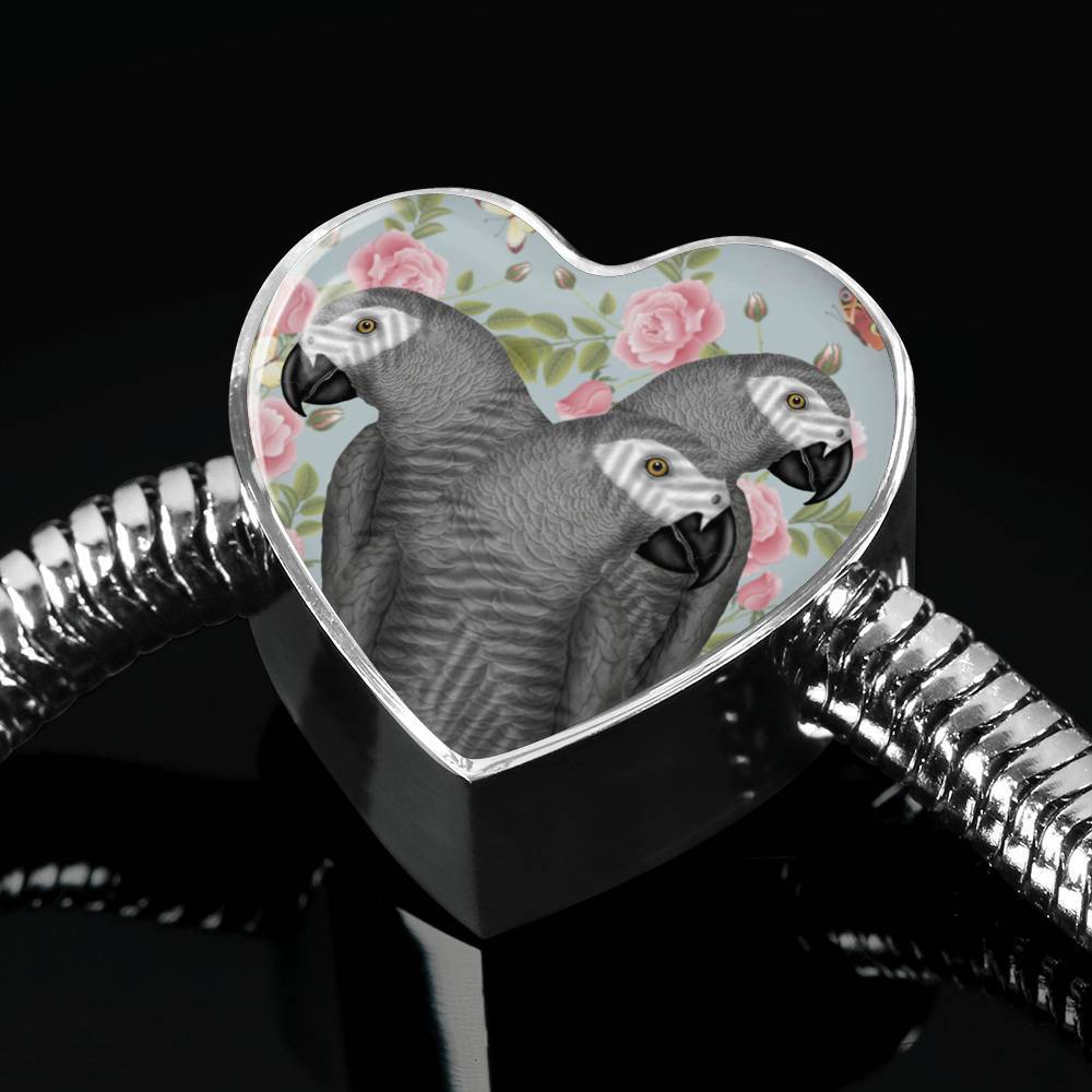 African Grey Parrot Print Heart Charm Steel Bracelet-Free Shipping - Deruj.com