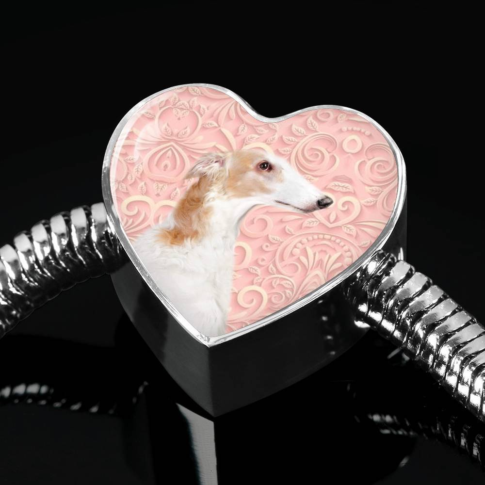 Borzoi Dog Print Heart Charm Steel Bracelet-Free Shipping - Deruj.com