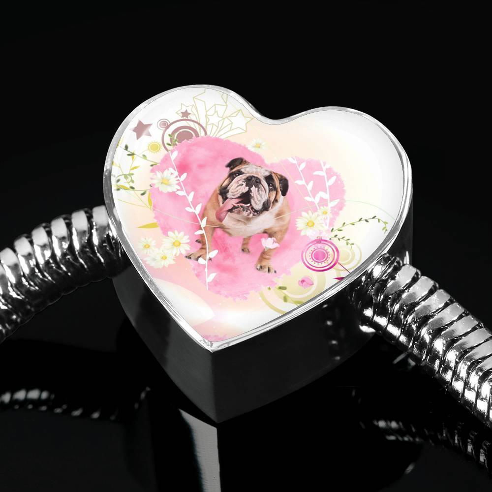 Bulldog Print Heart Charm Steel Bracelet-Free Shipping - Deruj.com