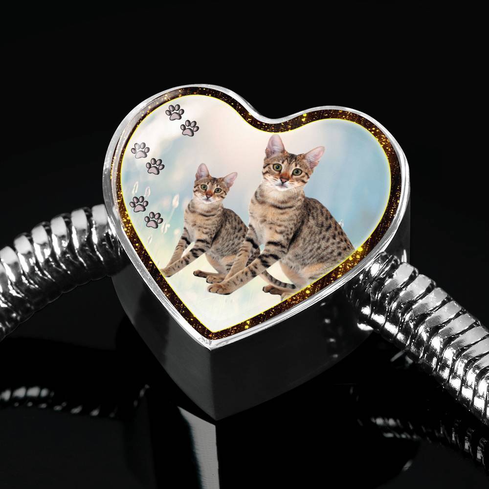 Savannah Cat Print Heart Charm Steel Bracelet-Free Shipping - Deruj.com