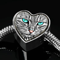 Blue Eyes Cat Print Heart Charm Steel Bracelet-Free Shipping - Deruj.com