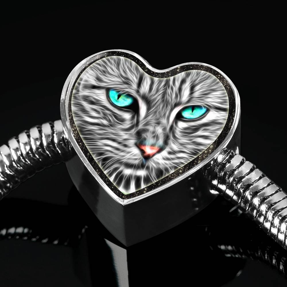 Blue Eyes Cat Print Heart Charm Steel Bracelet-Free Shipping - Deruj.com