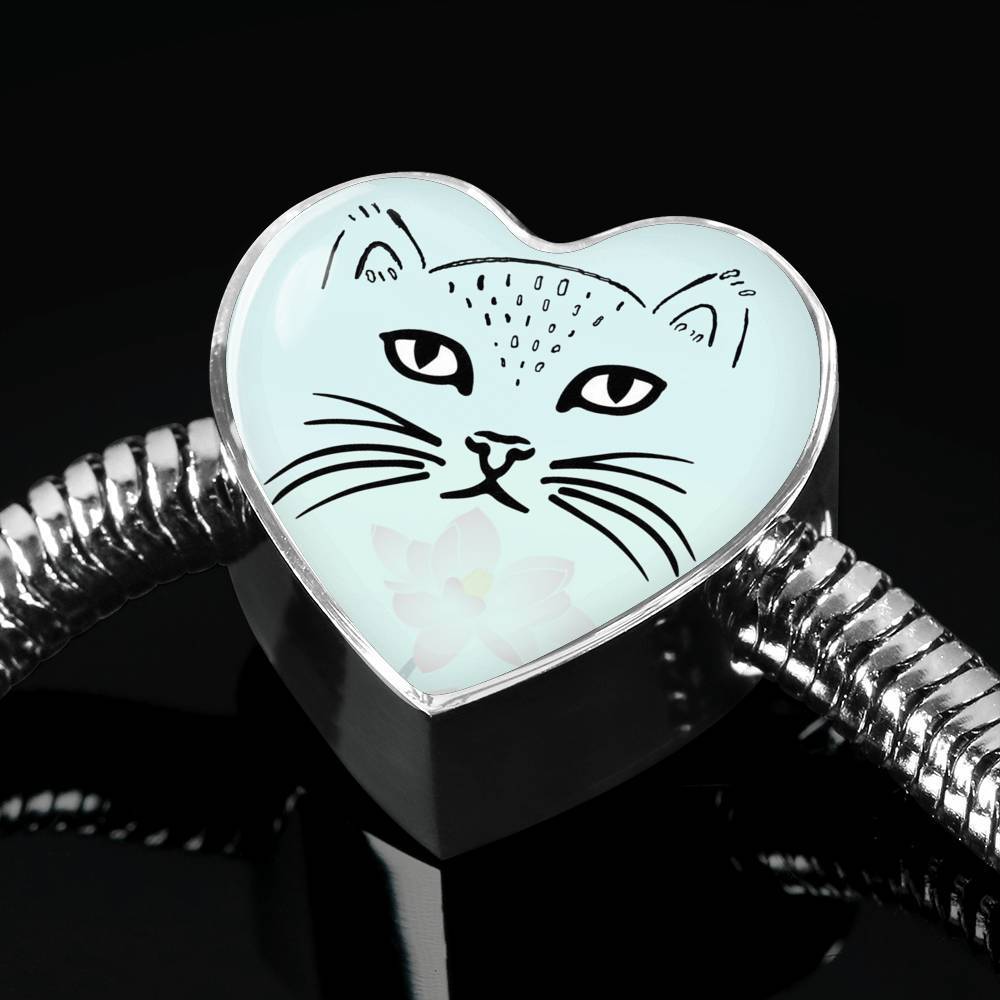 Cute Cat Face Print Heart Charm Steel Bracelet-Free Shipping - Deruj.com