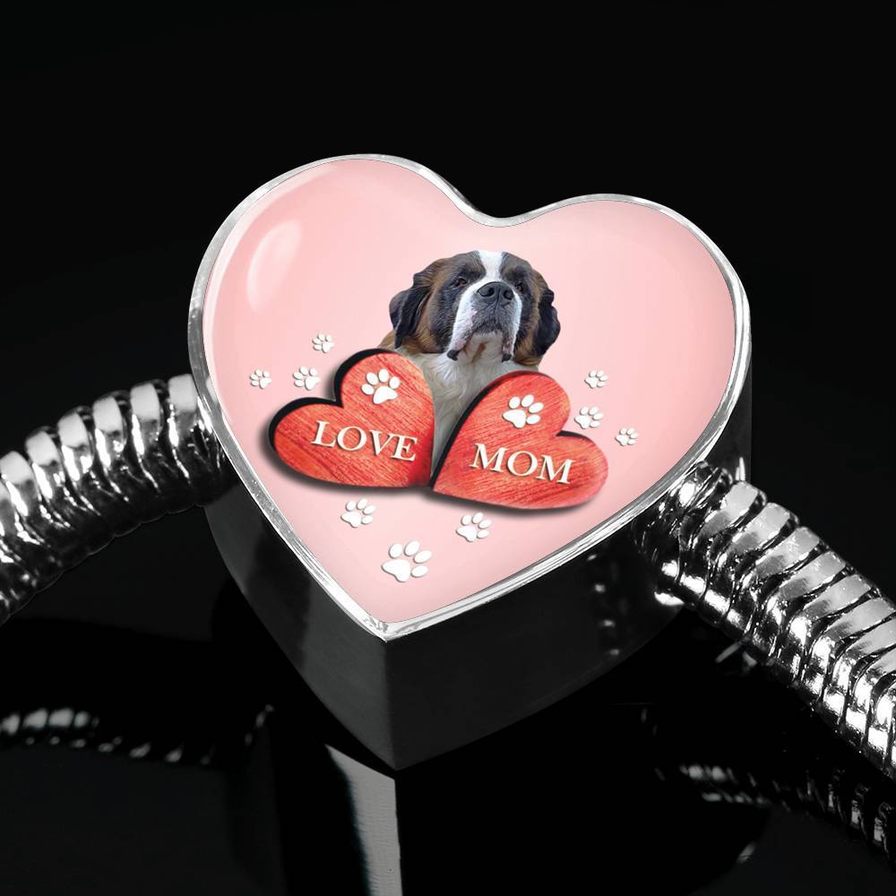 St. Bernard Dog Print Heart Charm Steel Bracelet-Free Shipping - Deruj.com