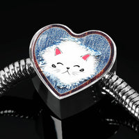 Cute Cat In Denim Print Heart Charm Steel Bracelet-Free Shipping - Deruj.com