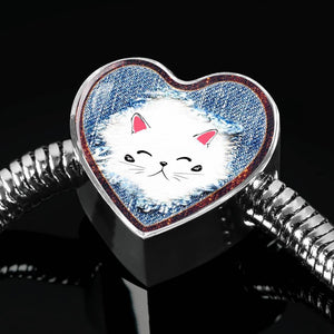 Cute Cat In Denim Print Heart Charm Steel Bracelet-Free Shipping - Deruj.com
