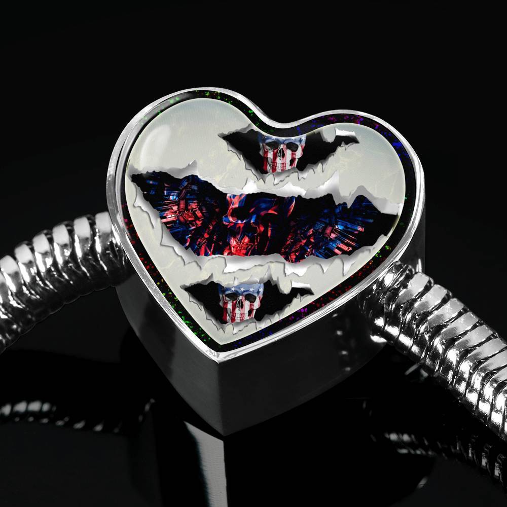 American Flag Skull Print Heart Charm Steel Bracelet-Free Shipping - Deruj.com