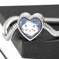 Cute Cat In Denim Print Heart Charm Steel Bracelet-Free Shipping - Deruj.com