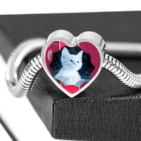Cute White Kitten Cat Print Heart Charm Steel Bracelet-Free Shipping - Deruj.com
