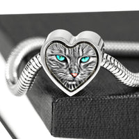 Blue Eyes Cat Print Heart Charm Steel Bracelet-Free Shipping - Deruj.com
