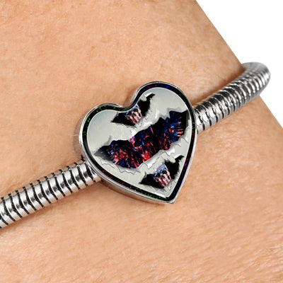 American Flag Skull Print Heart Charm Steel Bracelet-Free Shipping - Deruj.com