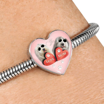 Old English Sheepdog Dog Print Heart Charm Steel Bracelet-Free Shipping - Deruj.com