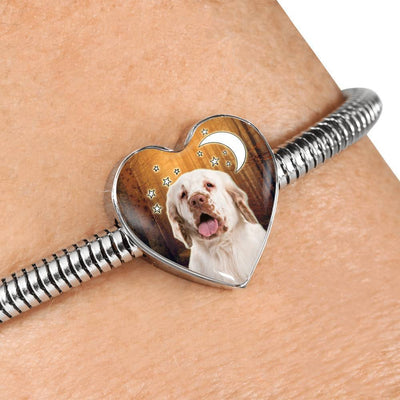 Clumber Spaniel Print Heart Charm Steel Bracelet-Free Shipping - Deruj.com
